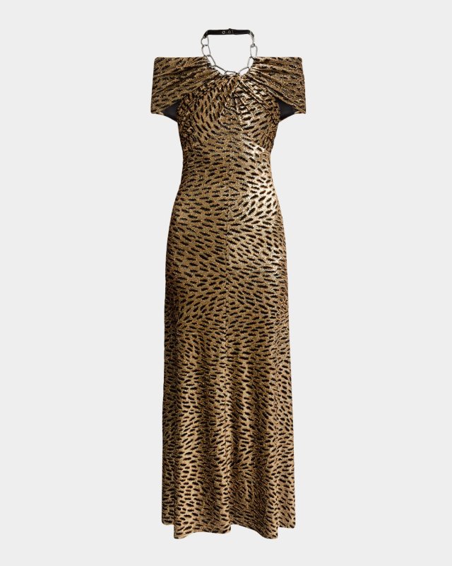Chain Halter-Neck Leopard Gown